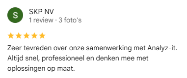 Google review van SKP NV: Zeer tevreden over onze samenwerking met Analyz-it. Altijd snel, professioneel en denken mee met oplossingen op maat.